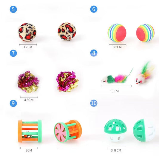 12Pcs/Set Ball, Mouse & Feather Cat Toy Kit – Interactive Teaser Wand & Bell Toys