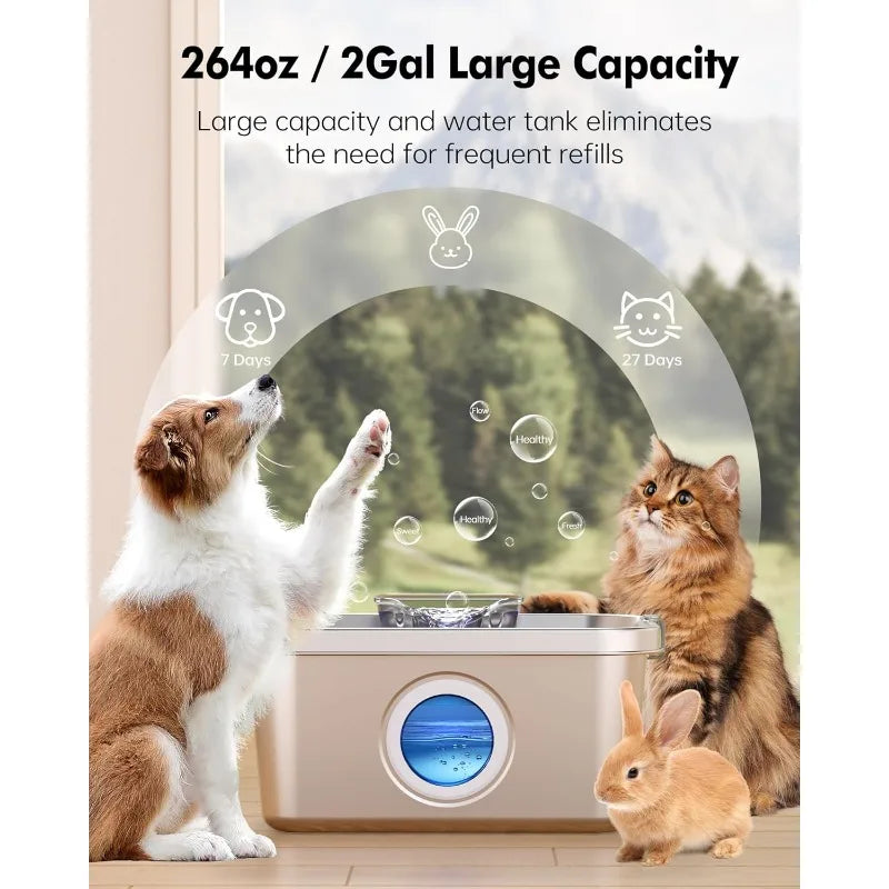 Dog Water Fountain 2 Gal, Stainless Steel Pet Water Fountain with Big Window, Dog Water Fountain for Large Dogs Multi-Cats