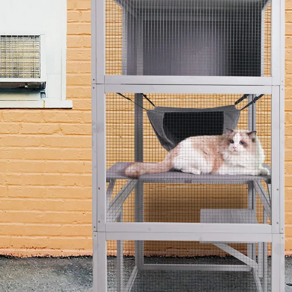 Wooden Cat House, Outdoor 3 Floors Cat Enclosure, Indoor Large Kitten playpen with Hammock & Resting Box, Cat Cage Waterproof