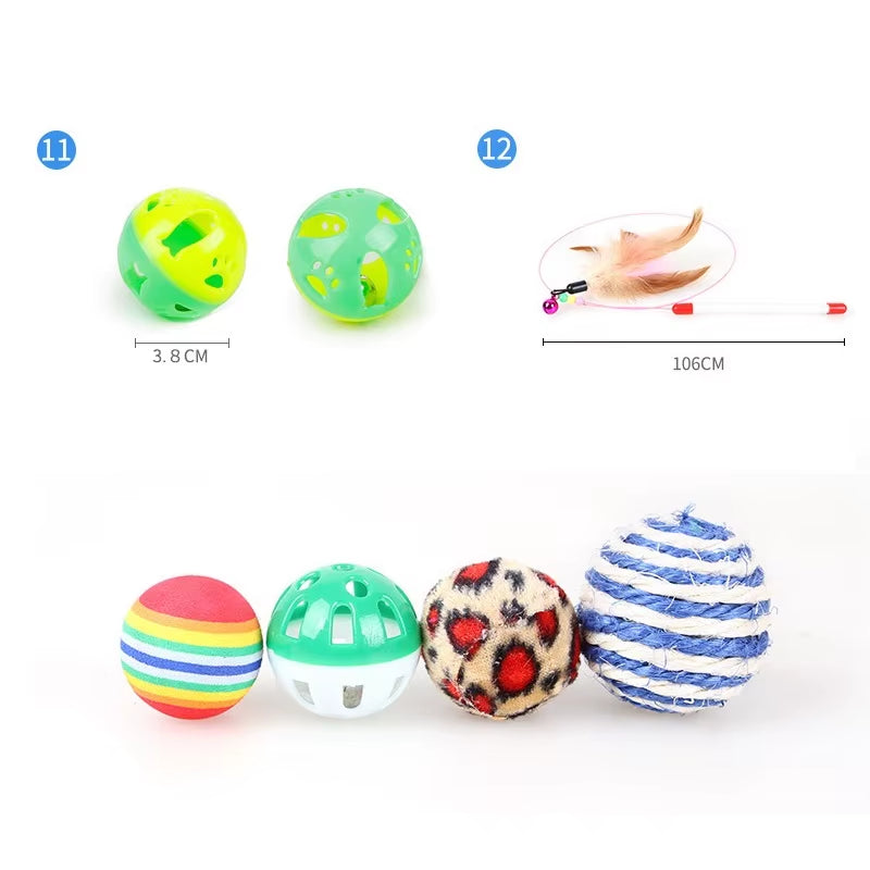 12Pcs/Set Ball Mouse Cat Toys Pet Accessories Feather Play Teaser Wand Stick Toys for Cat Bell Interactive Toy Pet Supplies Set