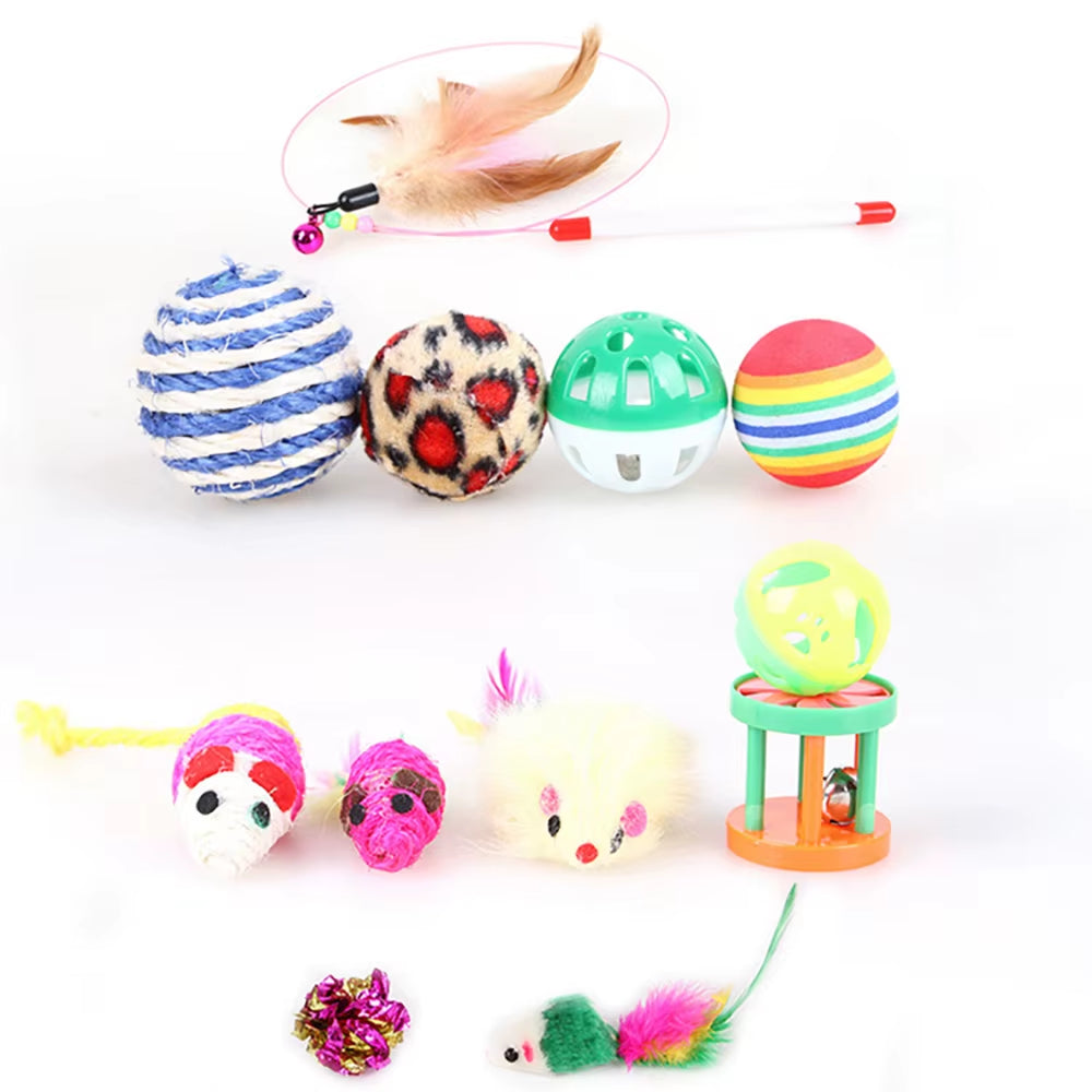 12Pcs/Set Ball Mouse Cat Toys Pet Accessories Feather Play Teaser Wand Stick Toys for Cat Bell Interactive Toy Pet Supplies Set