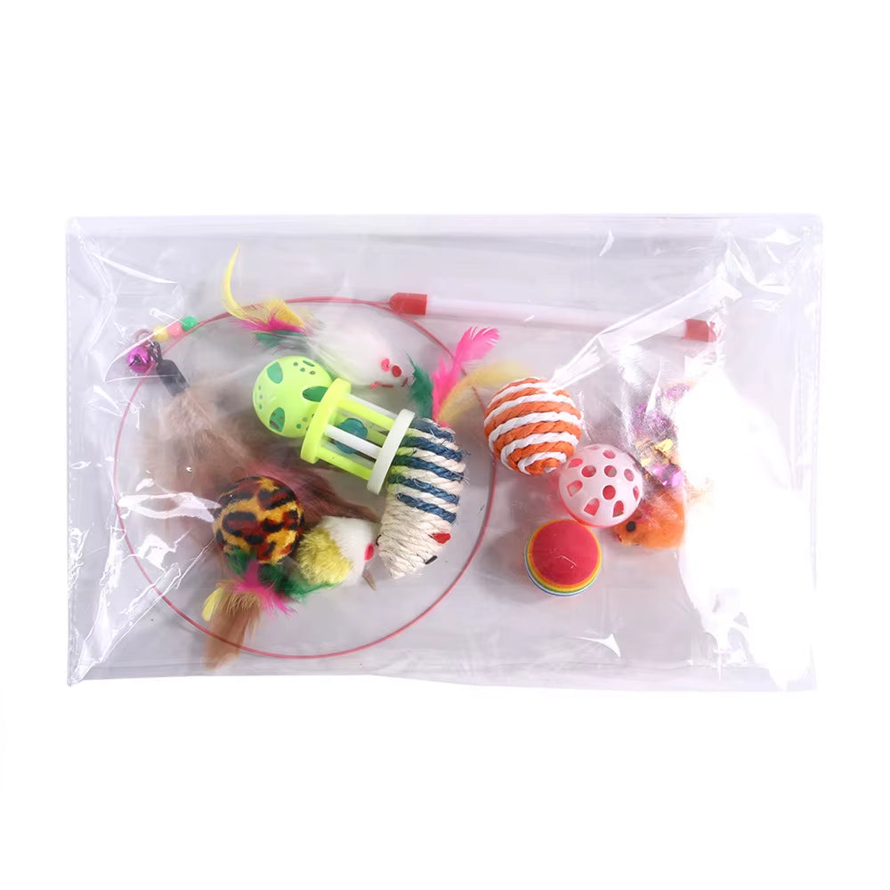 12Pcs/Set Ball Mouse Cat Toys Pet Accessories Feather Play Teaser Wand Stick Toys for Cat Bell Interactive Toy Pet Supplies Set