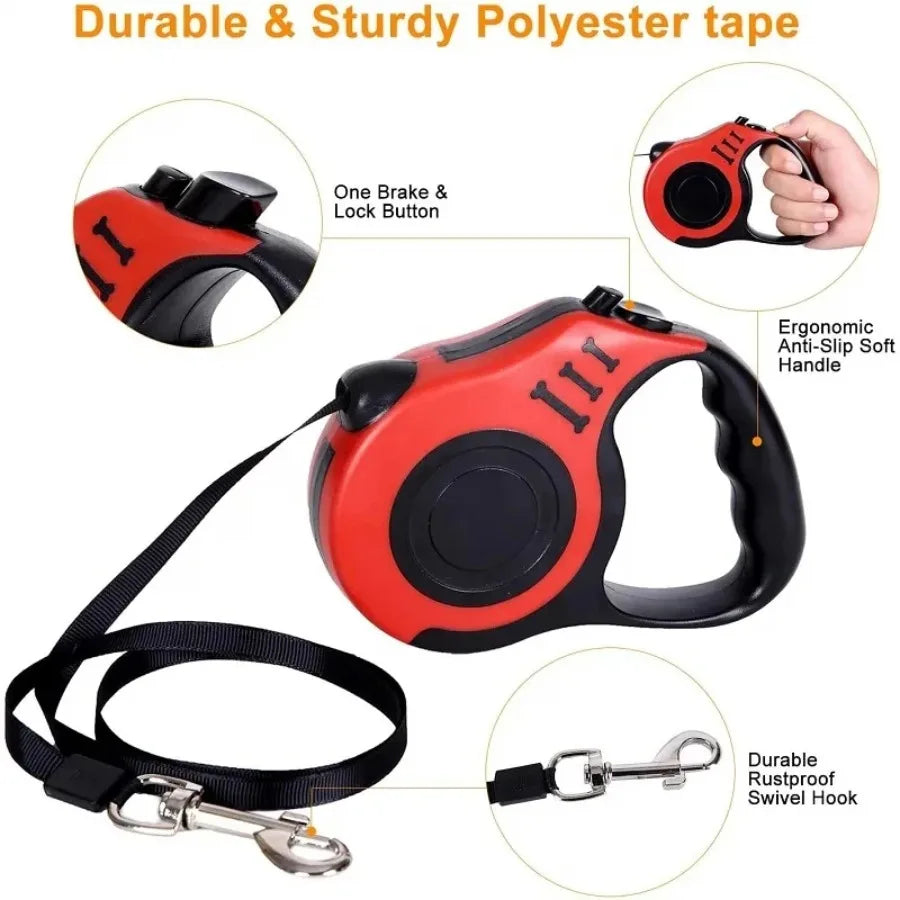 Red retractable leash with labeled ergonomic features and durable materials, built for long-lasting pet control.