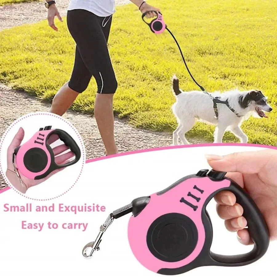 Person walking dog with pink retractable leash, highlighting its lightweight, portable design for daily pet walks.