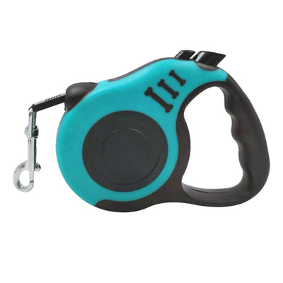 Teal and black automatic retractable leash for pets with ergonomic handle and stainless steel clip for secure outdoor use.