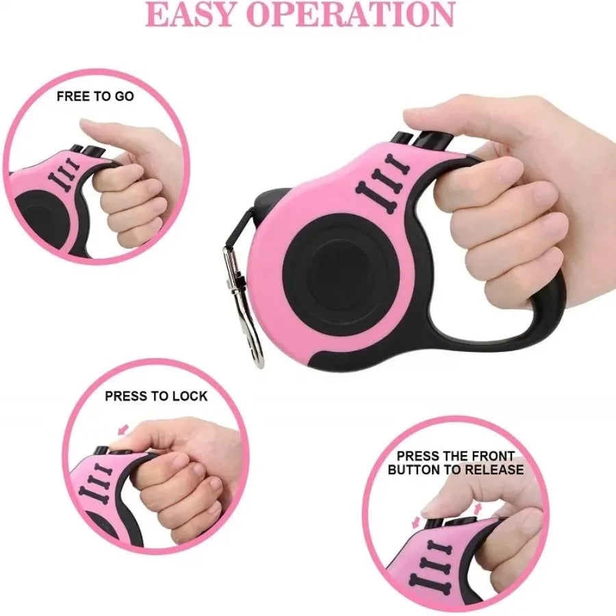 Pink retractable pet leash shown in hand with labeled buttons for locking, releasing, and free movement, highlighting easy operation.