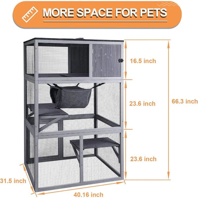 Wooden Cat House, Outdoor 3 Floors Cat Enclosure, Indoor Large Kitten playpen with Hammock & Resting Box, Cat Cage Waterproof thunderthump