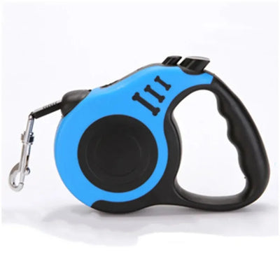 Blue retractable leash with soft grip and secure clip, designed for easy and safe pet walking outdoors.