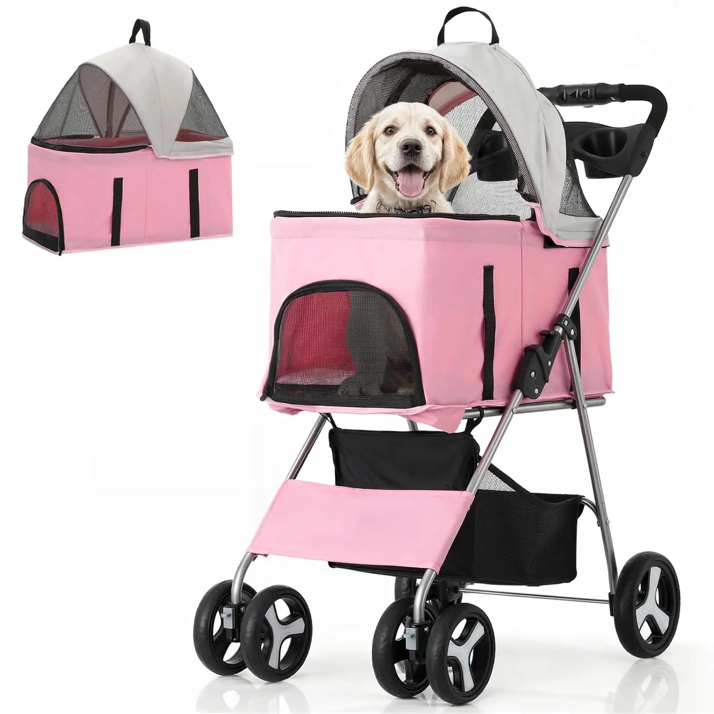 3 in 1 Foldable Pet Stroller for Small & Medium Dogs, Detachable Carrier, Car Seat, Push Button Entry, 4-Wheel Jogger for Pets