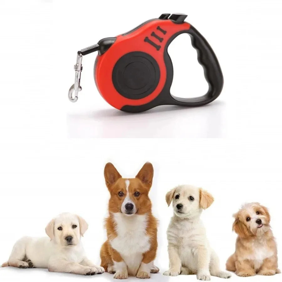 Red pet leash placed above four dogs, illustrating its suitability for multiple dog breeds and sizes.