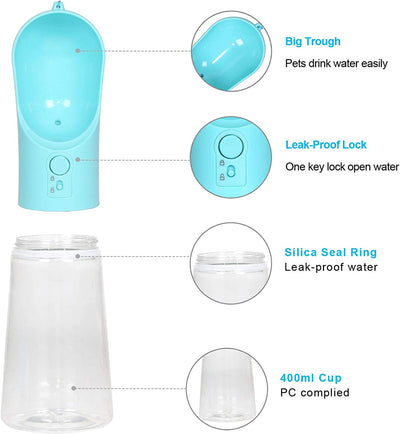 Dog Water Bottle Portable Pet Water Bottle Leak Proof Dog Water Dispenser, Lightweight Dog Travel Water Bottle Bowl for Walking 400Ml (Blue)