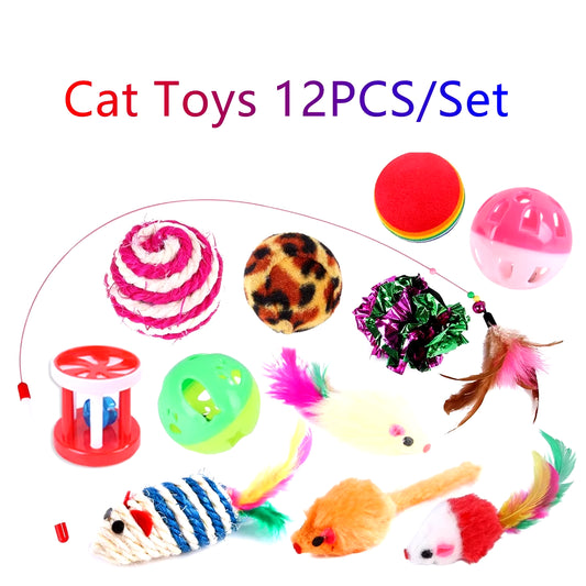 12Pcs/Set Ball Mouse Cat Toys Pet Accessories Feather Play Teaser Wand Stick Toys for Cat Bell Interactive Toy Pet Supplies Set
