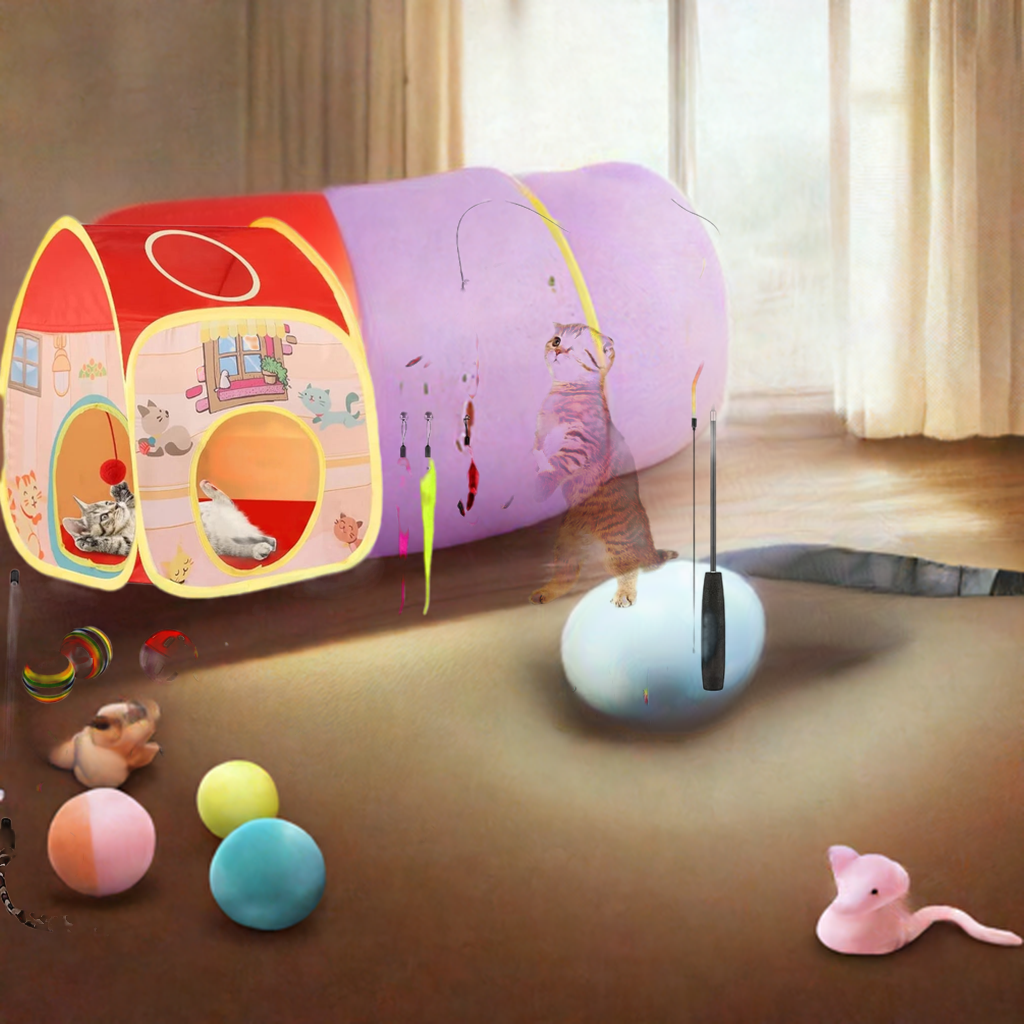 34Pcs Cat Toys Kitten Toys, Interactive Kitty Toys with Collapsible Cat Tunnels Tent, Cat Wand Catnip Feather Teaser